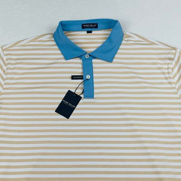 Peter Millar Men’s XXL Bold Stripe Print Gold Blue Golf Polo Shirt Crown Crafted - Picture 4 of 10